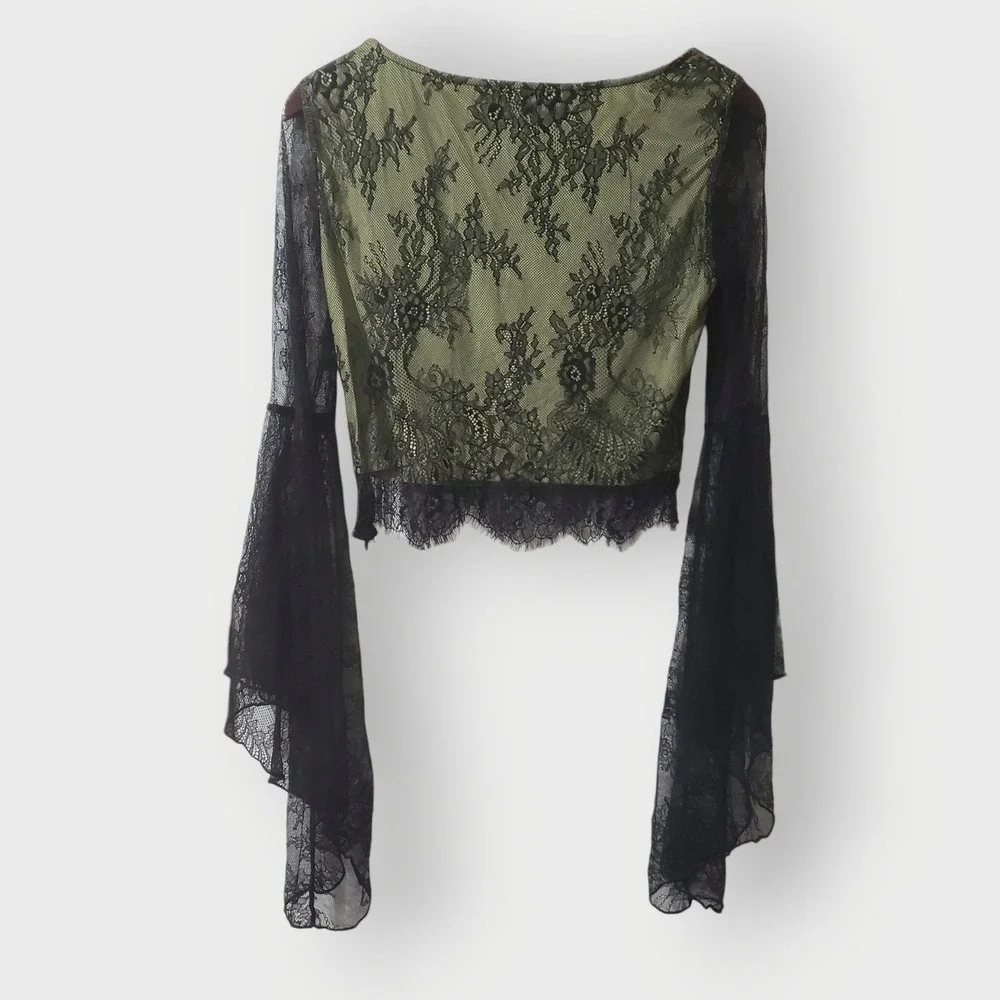 Cider Green Black Lace Flare Long Bell Sleeve Crop Top Fairycore Goth Large - Picture 6 of 12